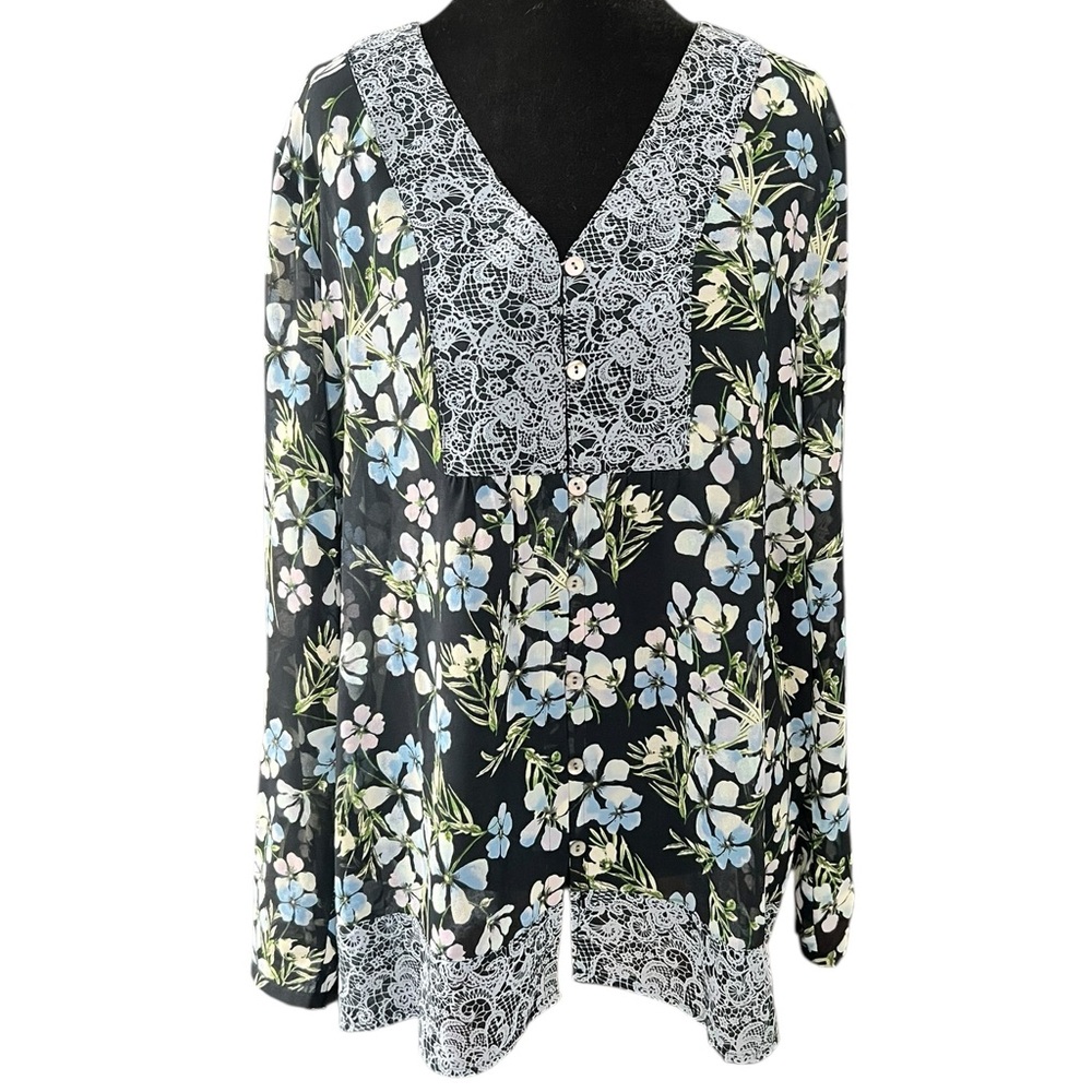 J.Jill Black Floral Blouse with Lace Trim L